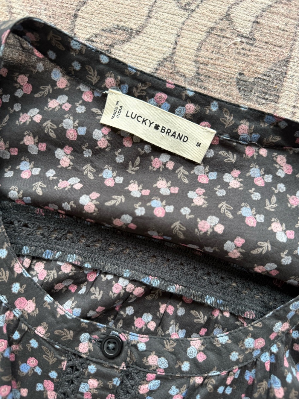 Lucky Brand Black Floral Peasant Blouse with Pink and Blue Accents - Picture 5 of 5